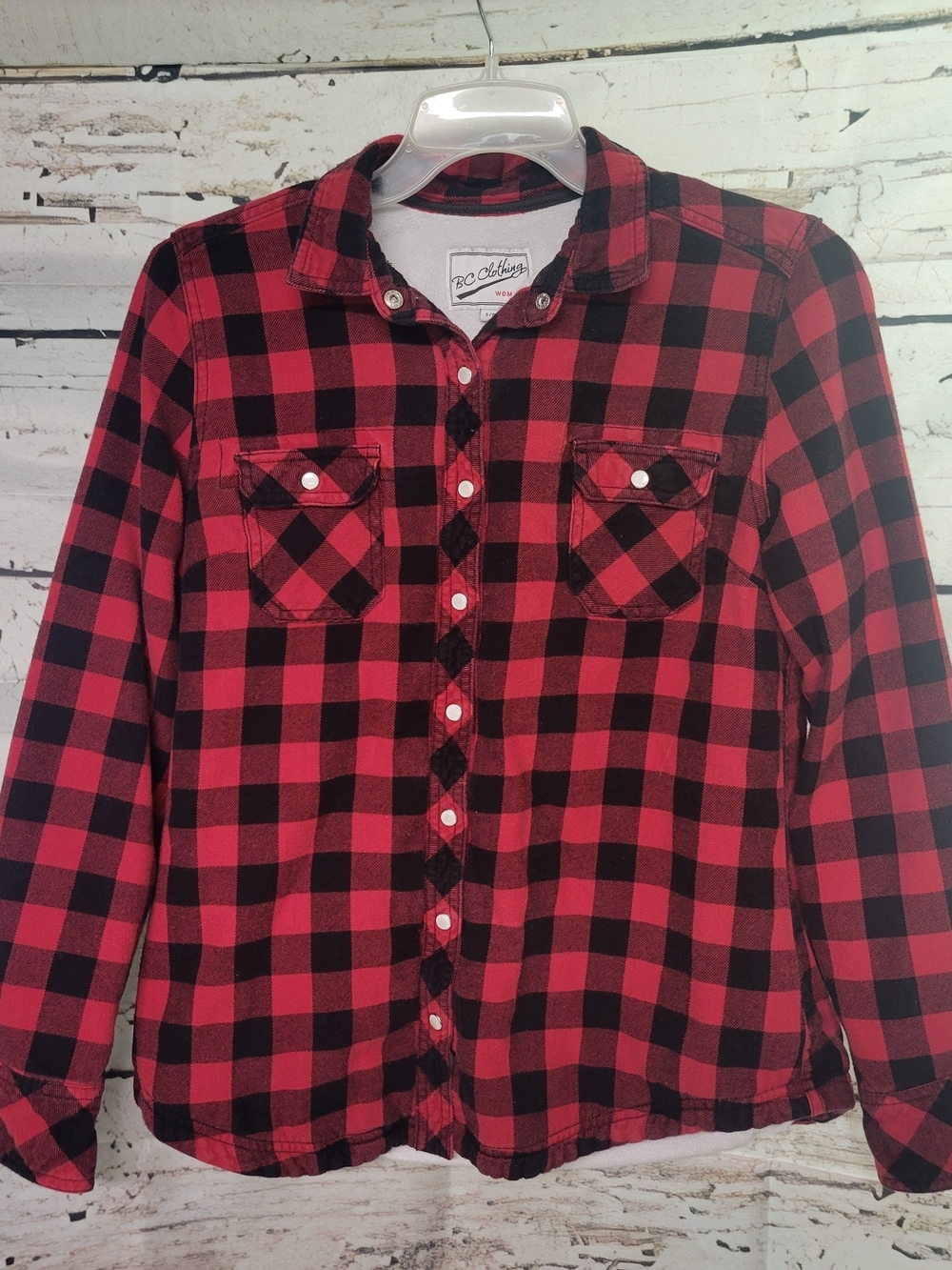 BC Clothing Women's Sherpa Lined Buffalo Plaid Flannel Shirt Jacket Red Black Sm